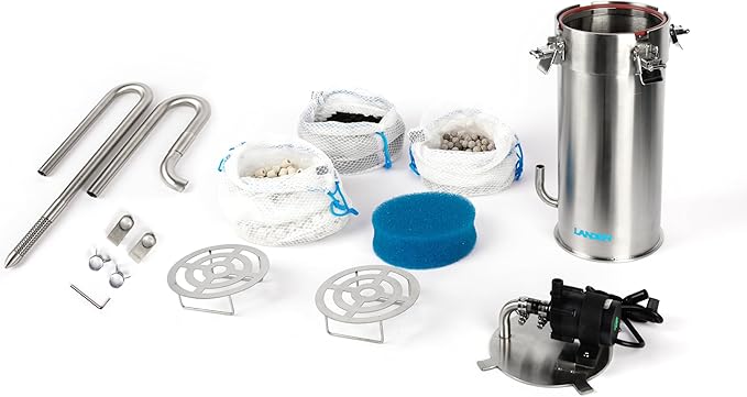 LANDEN PURA 300 External Canister Filter for Aquarium System, up to 30 Gallon, Stainless Steel Tank Canister with Water Pump and Double Tab Connector, Three-Stage Filtration