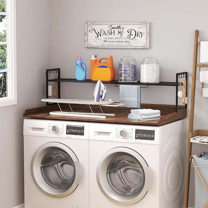 Lifewit Washer Dryer Countertop with Adjustable Shelf, Melamine Cover for The Top with Edge Rails, Towel Rack for Laundry Room Storage and Organization, Hold 200lbs, Walnut, 54" x 27.5"