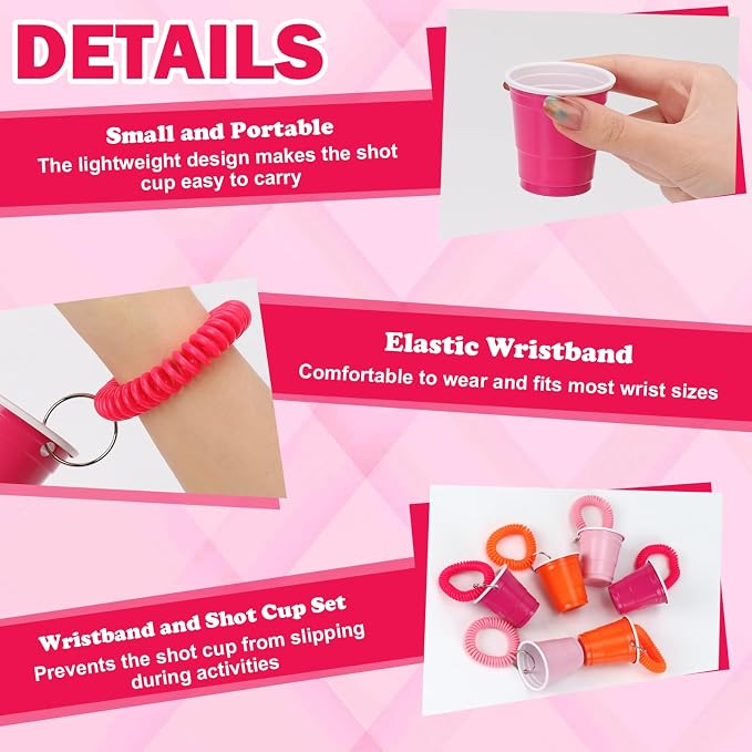 30 Pcs Pink and Orange Shot Cups with Wristband for Party 2oz Disposable Shot Glasses Bulk Plastic Mini Solo Cup with Bracelet for Tequila Sunrise Sunset Summer Bridal Bachelorette Party