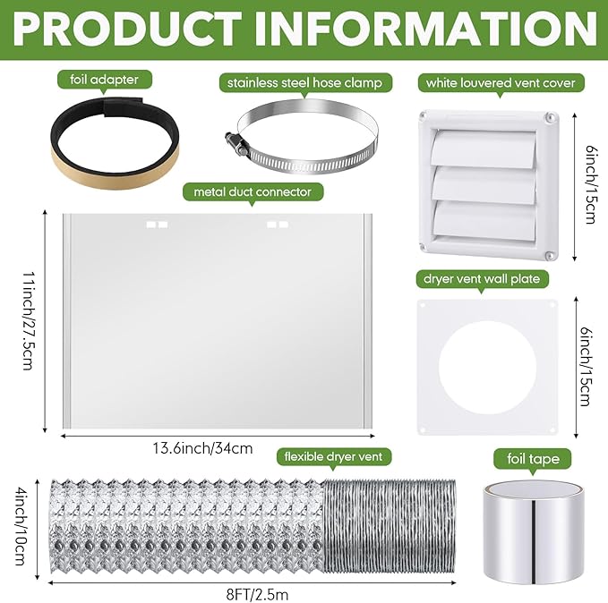 Glooglitter Dryer Vent Kit 4 Inch Dryer Ducting Tube Vent Hose Connector Wall Ducting Kit for Air Circulation(Silver)