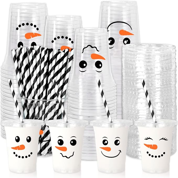 FYSUIMU 100Pcs 12Oz Snowman Plastic Cups with Lids and Straws Christmas Winter Disposable Cup Cute Snowman Face Cold Beverage Drinking Cups for Winter Xmas Party Supplies