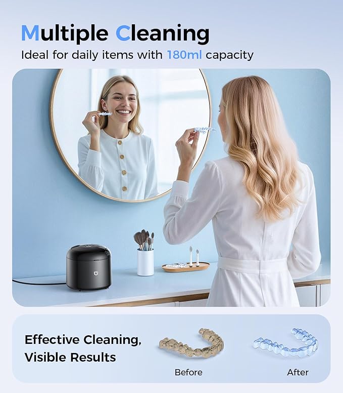 Retainer Cleaner 48kHz, Ultrasonic Retainer Cleaner Machine with 4 Modes for Dentures, Aligners, Mouthguards, Retainers, Jewelry Cleaner and Dental Cleaning Pod, 25W Ultrasonic Jewelry Cleaner