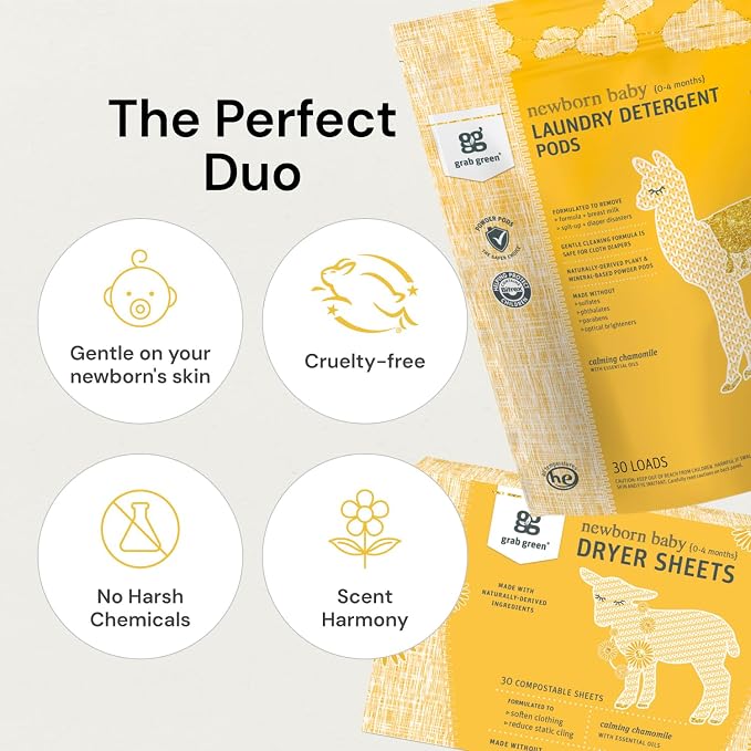 Grab Green Newborn Baby Laundry Pods and Dryer Sheets Bundle | 30 Count Pods and 40 Dryer Sheets; Calming Chamomile; Plant & Mineral-Based; No Harsh Chemicals
