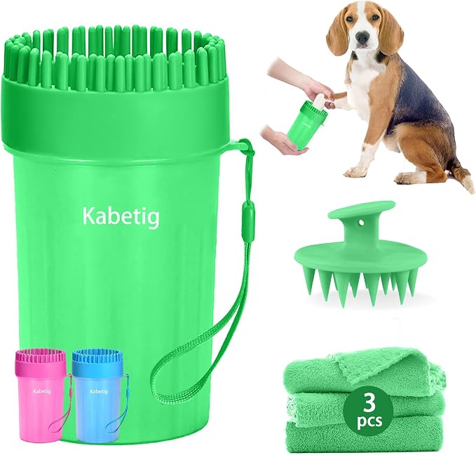 Paw Cleaner for Small/Medium Dogs - Grabs Loose Fur with Top Brush | Clean muddy paws fast. Attached top brush grabs loose fur. No extra tools. Comes with bath brush & 3 towels. Less fur. Green