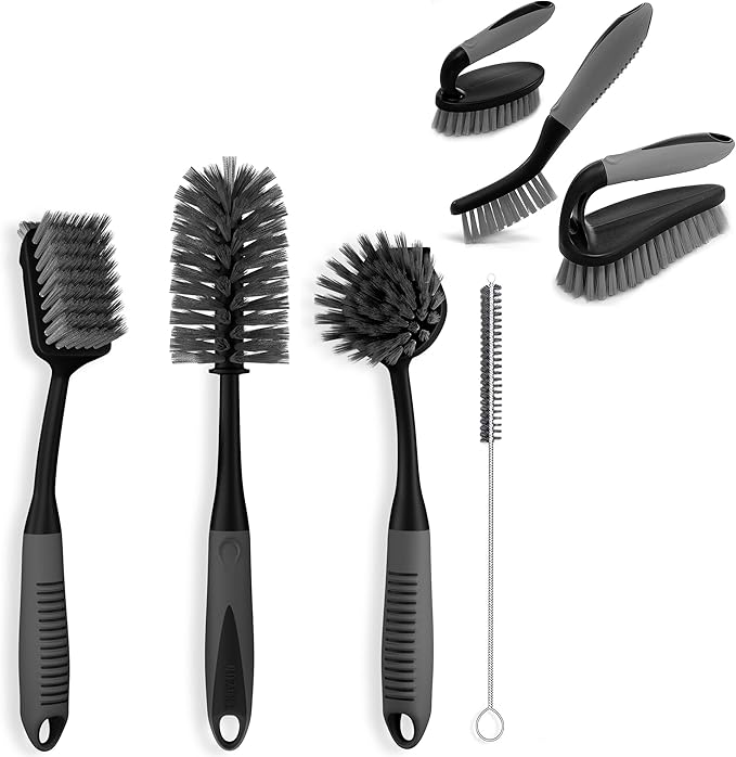 Dish Brush Set of 4 with Bottle Water Brush, Dish Scrub Brush, Scrubber Brush and Straw Brush + Scrub Brush Set of 3pcs, Cleaning Shower Scrubber, Grout Cleaner Brush, Scrub Brushes for Bathroom