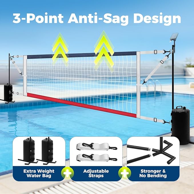 Pool Volleyball Net Set with Solar LED Lights, Adjustable 15-32ft Water Volleyball Net for Inground Pools with Glow Ball, Pump & Weighted Bases, Outdoor Pool Games for Kids Adults Family
