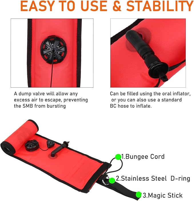 5FT SMB Surface Marker Buoy Scuba Diving Open Bottom High Visibility Inflatable Scuba Signal Tube with Reflective Strip for Underwater Diving Snorkeling