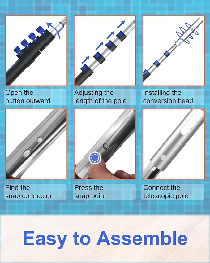Swimming Pool Pole, Upgraded 16FT Professional Telescopic Extendable Pool Pole Aluminium Heavy Duty, Adjustable Length 4 to 16 Feet, Universal Pole for Skimmer Nets, Brushes and Vacuum Heads