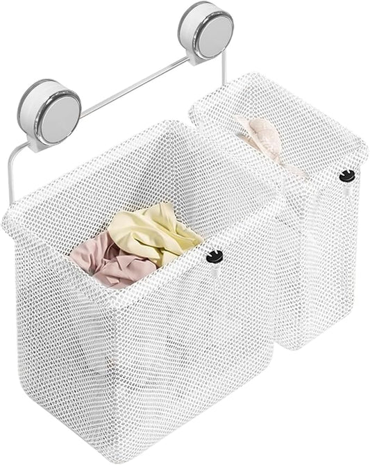 Suction Cup Mesh Laundry Hamper Wall Mounted Collapsible Clothes Organizer Removable Storage Bags for Bathroom Lavatory