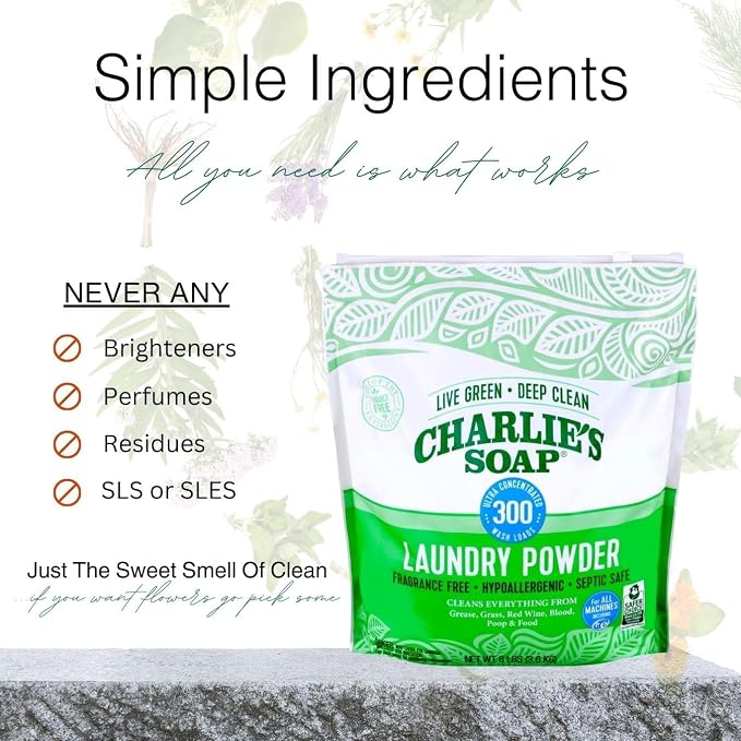 Charlie’s Soap Laundry Essentials Variety Pack – Oxygen Bleach (4 lb) + Laundry Powder Detergent (300 Loads) – Natural Laundry Booster for Stains, Odors & Bright Whites – Fragrance Free,