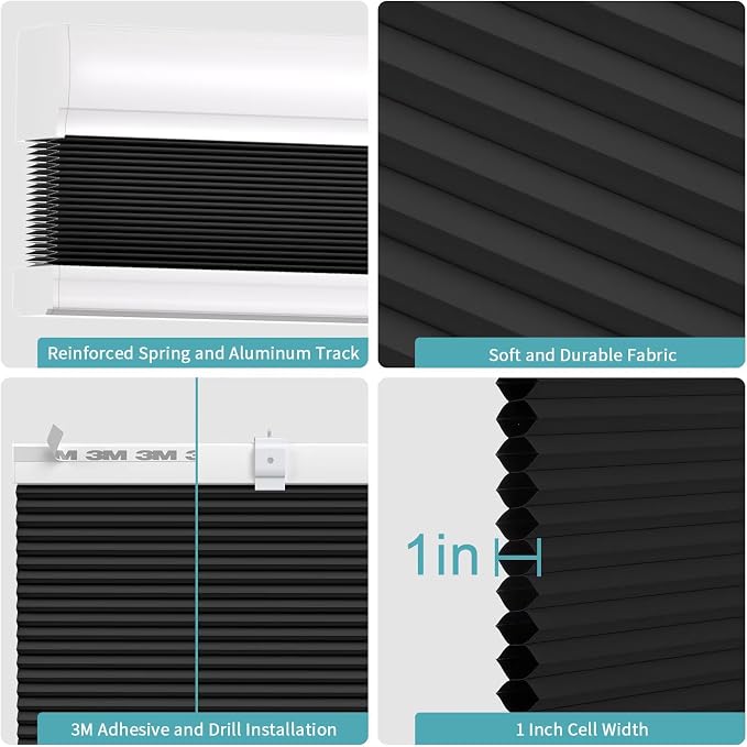 MYshade Cordless Cellular Window Shades No Tools No Drill Blackout Blinds for Indoor Windows Size 27" Wide X 50" Height Black Room Darkening Window Blinds for Bedroom, Bathroom, Kitchen, Living Room