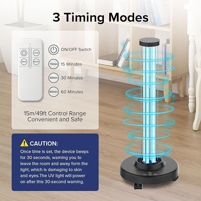 SANSI 100W UVC Disinfection Cart with Wheels, Portable Mobile UV Light Sanitizer with Remote & 3 Timer Settings, Ozone-Free, 99.9% Germ Kill in 30 Mins for Large