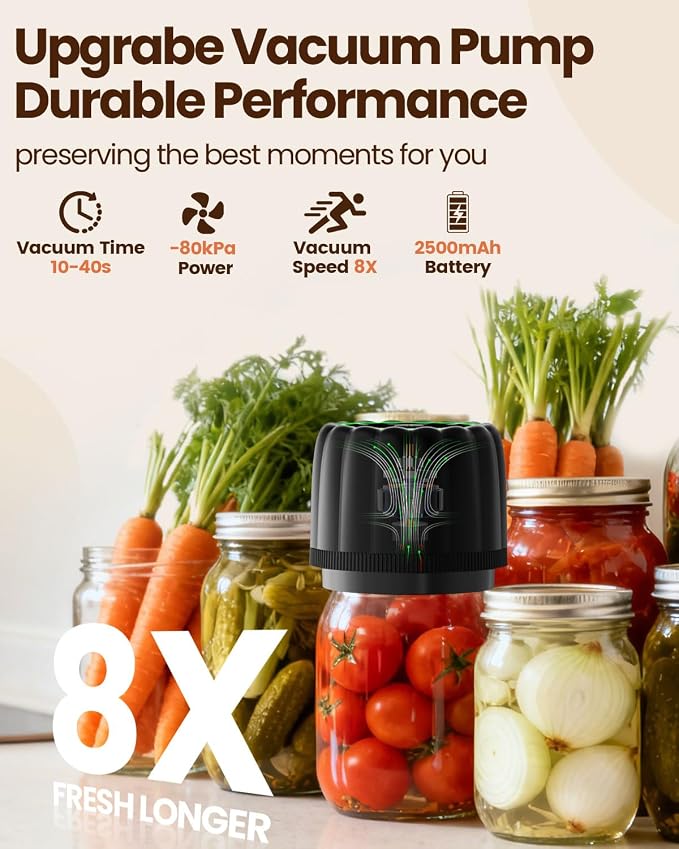 2026 Upgraded Electric Mason Jar Vacuum Sealer Kit with Wide and Regular Mouth Mason Lids -80kpa Automatic Vacuum Pump 2500mAh Battery One Touch Canning Sealing Machine for Food Storage Black