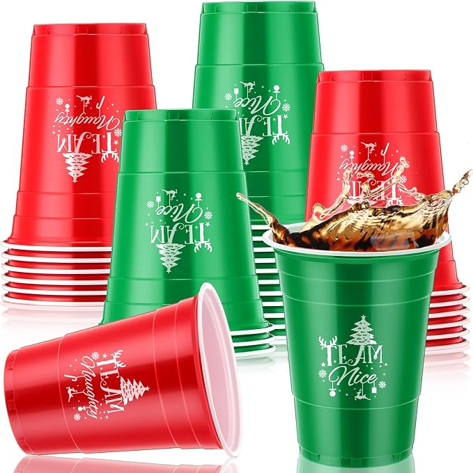Sliner 30 Pcs 16 oz Christmas Disposable Cups Bulk Plastic Coffee Team Naughty or Nice Plastic Disposable Drinking Cups for Party Drinks Supplies