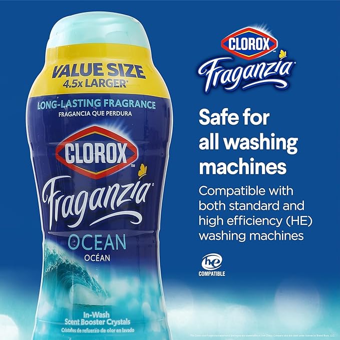 Clorox Fraganzia Laundry Scent Booster Crystals, In-Wash Fragrance Beads for Fresh-Smelling Clothes & Linens, Safe for All Fabrics & Colors, Easy-Pour Bottle, Ocean Scent, 70 Oz - 6 Pack