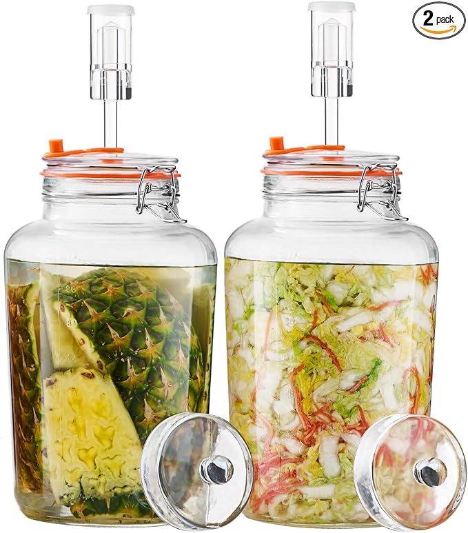 1 Gallon Fermentation Jars with Airlocks & Glass Weights, 2-Pack | Self-Burping Airlocks Vent Gas, Glass Weights Keep Food Below the Brine for Easier, More Consistent Homemade Fermentation