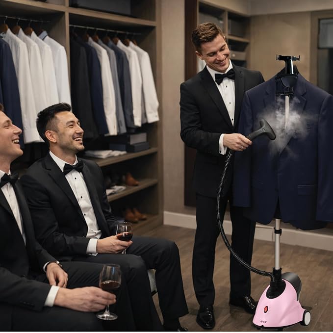SALAV GS18-DJ Standing Garment Steamer with Roll Wheels for Easy Movement, 1.8L Water Tank for 1 Hour Continuous Steaming, Adjustable Pole for Storage, Includes Descaler Packet, 1500 watts - Pink