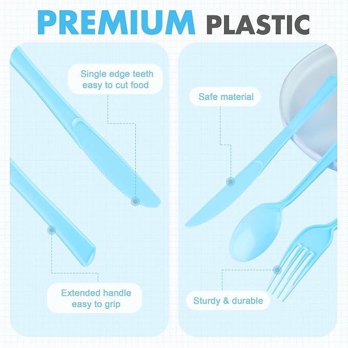 Kochorie 300 Pieces Graduation Light Blue Plastic Silverware, Disposable Plastic Utensils, Heavy Duty Cutlery Set Heavyweight Flatware Includes Spoons Forks Knives for Birthday Party Wedding Dinner