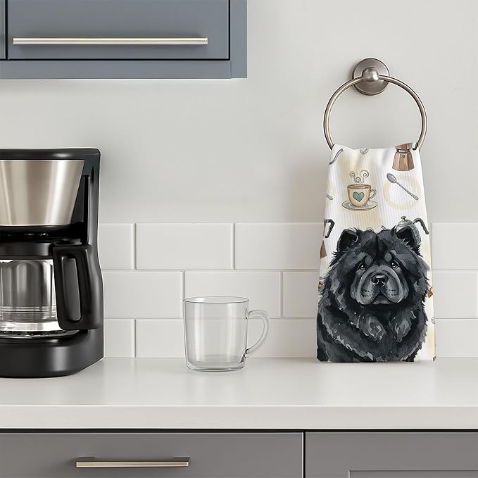 Caroline's Treasures Black Chow Chow Coffee Bar Kitchen Towel Velour Plush Front and Cotton Loop Back Machine Washable