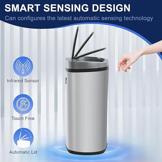 Furniture of America Verbena 13 Gallon Metal Household Trash Can Motion Sensor Lid for Kitchen, Silver