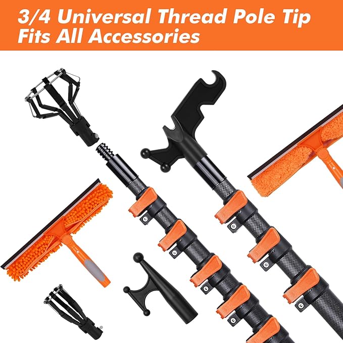 Window Washing Kit with Extension Pole 4.7 to 24FT, Long Squeegee for Window Cleaning Indoor Outdoor, Carbon Fiber Telescopic Pole for Window Cleaner Tool with Microfibre Pad & Chenille Cloth
