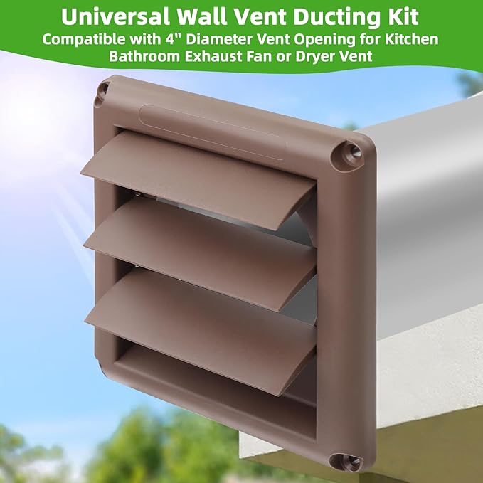 Dryer Vent Kit with Hose/Duct Connector/Wall Plate,4Inch Dryer Wall Vent Hose Connector Wall Duct Kit for Bathroom Ventilation Fan Exhaust,Ceiling Washer Air Circulation,Brown Louvered Dryer Vent Hood