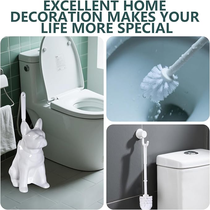 Toilet Brush Holder Set for Bathroom Cute Dog Base Solidly Toilet Bowl Brush Holder and Decorative Bathroom Ceramic Cleaning Kit with Brush and Holder (White)
