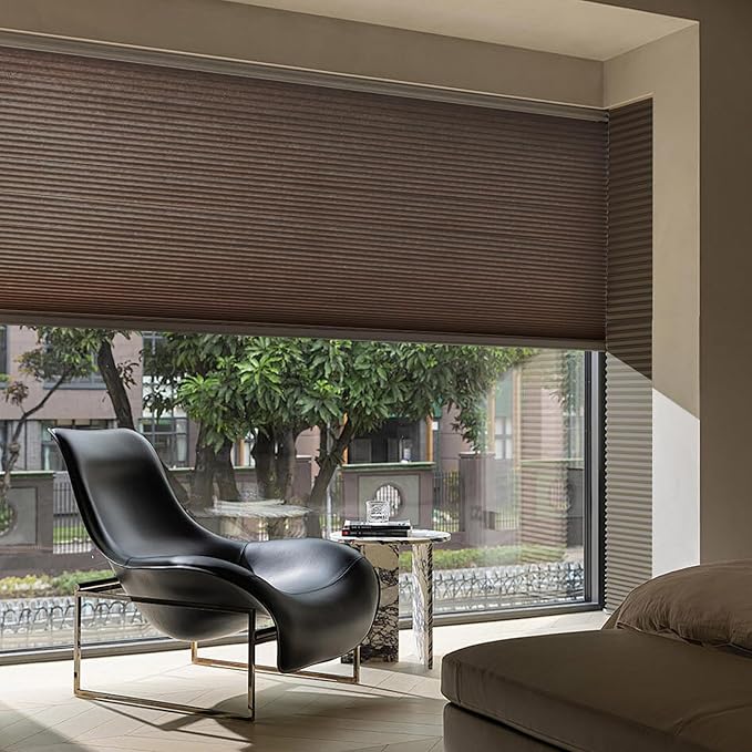 No Drill Cellular Shades, Brown Custom Size Cordless Light Filtering Pull Down Pleated Honeycomb Blind Thermal Insulated Easy Install for Indoor Window Bedroom Living Room Kitchen Door