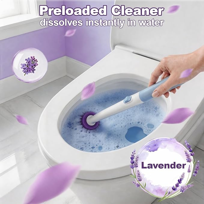 Disposable Toilet Brush with Wall Mounted Holder, Toilet Scrubber Refill | Hands Free Toilet Brush, 1 Wand and Holder with 24 Purple Refills,Bathroom Cleaning for Bathroom/RV, Light Lavender Scent