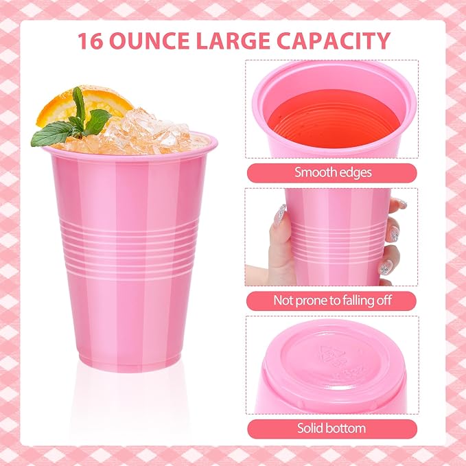 Kochorie 50 Pack Disposable Plastic Cups 16 Oz Solid Color Drinking Cups Party Supplies Strong and Sturdy Drinkware Cup For Birthday, Wedding, Baby Shower, Gender Reveal Party& Daily Use, Pink