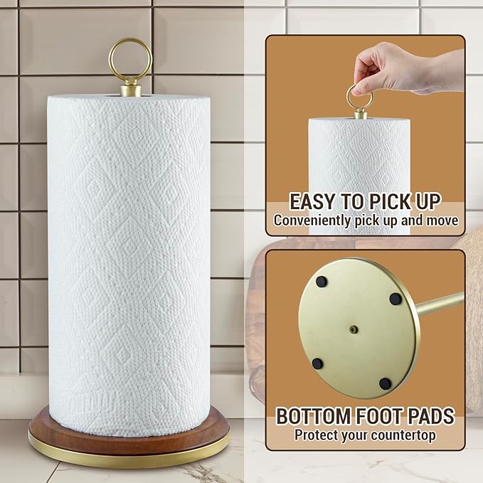 MyGift Premium Acacia Solid Wood Countertop Paper Towel Roll Dispenser Stand with Brass Tone Metal Spindle and Top Carrying Ring, Table Standing Holder for Disposable Kitchen Towels