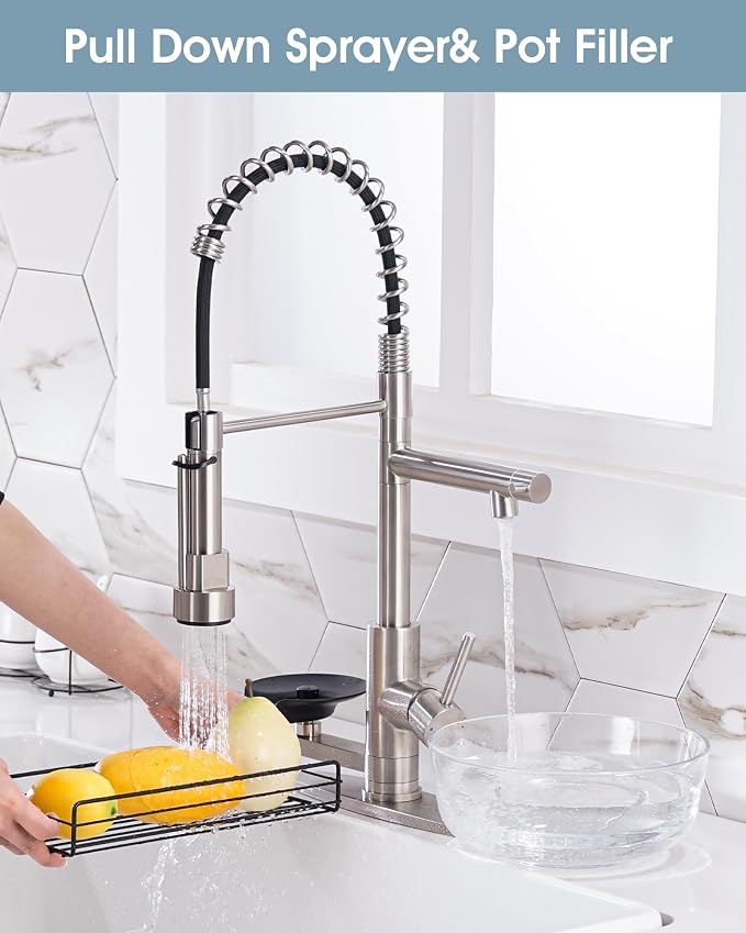 Kitchen Sink Fuacet with Glass Rinser, Single Handle Kitchen Faucet with Pot Filler, Pull Down Sparyer, Deck Plate, 304 Stainless Steel, Brushed Nickel