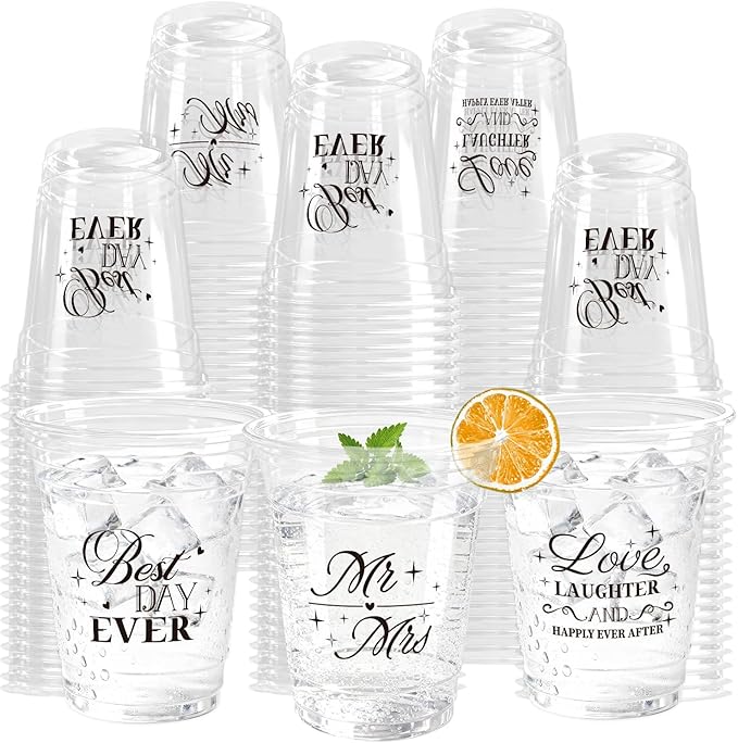 100 Pcs Wedding Plastic Cups 12 oz Mr and Mrs Disposable Cups Wedding Reception Drinking Cups for Bridal Shower Engagement Bachelorette Party Anniversary Decor
