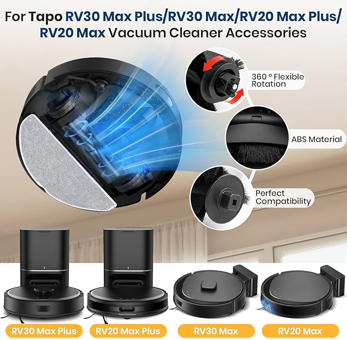 RV20 Max Plus Replacement Parts for Tapo RV20 Max Plus/RV30 Max Plus/RV30/RV20 Robotic Vacuum Cleaner Parts with 1 Roller, 4 HEAP, 6 Mops, 6 Dust Bags, 6 Side Brushes,1 Clean Brush