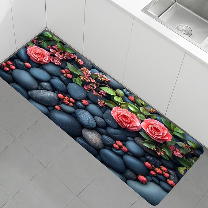 WODEJIA Non Slip Bath Rugs Sponge Foam for Bathroom,Flannel Mat Rug for Living Room, Absorbent MatS for Forlaundry Room and Kitchen,Cobblestone Red Flowers Welcome Mat 47x18 Inches