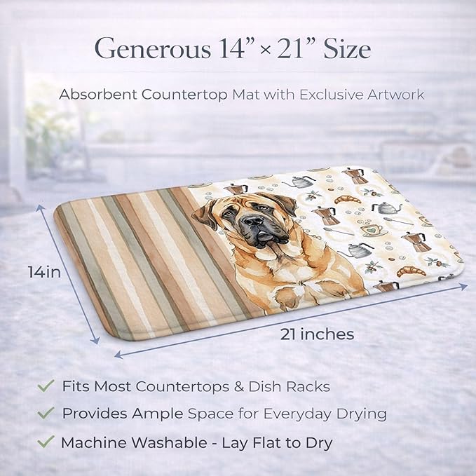 Caroline's Treasures Apricot English Mastiff Coffee Bar Dish Drying Mat Absorbent Dish Drying Mat Pad for Kitchen Counter Dish Drainer Mat for Countertop, 14 x 21", Multicolor