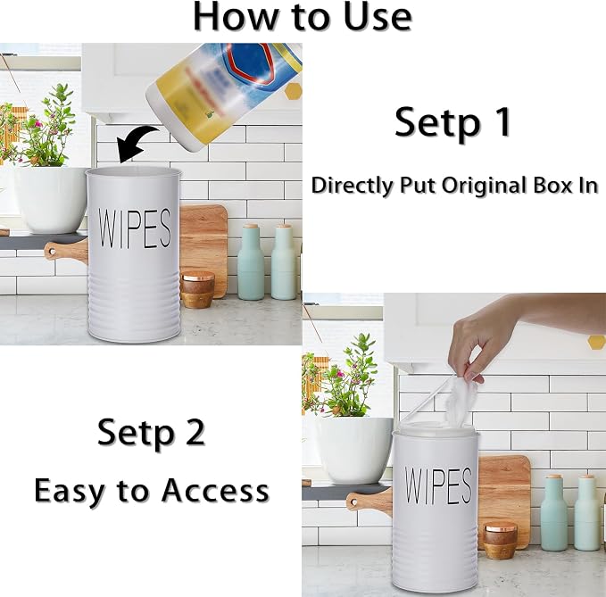 Kokone Wipes Dispenser Farmhouse Wipes Container with Matte Finish Compatible for Clorox Lysol Sturdy Galvanized Iron Wipes Holder for Kitchen,Bathroom,Office,School Table Countertop,White