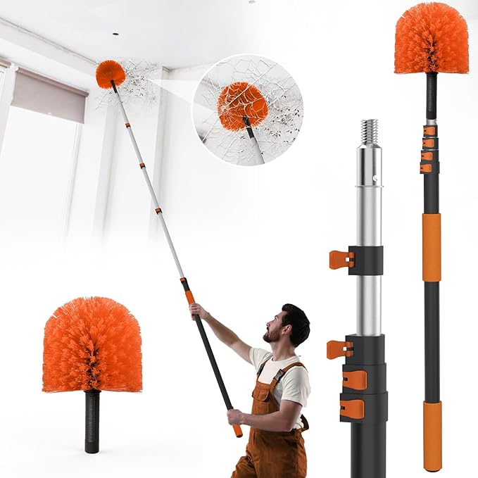 15FT Reach Cobweb Duster with Extension Pole - Spider Web Brush for Cleaning with 3-12FT 4-Section Flip-Lock Telescopic Pole, Effortlessly Cleans High Indoor & Outdoor Webs