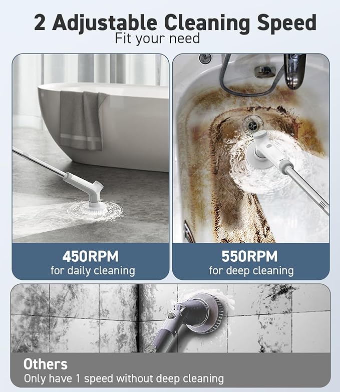 Electric Spin Scrubber, VEWIOR Cordless Shower Scrubber with 3 Adjustable Angle, Cleaning Brush with 2 Speeds 3 Replaceable Brush Heads for Bathroom Kitchen Tub