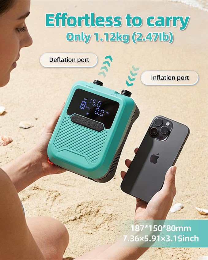 Electric Paddle Board Pump Portable, 20PSI High Pressure SUP Air Pump with Intelligent Dual Stage Inflation, Deflation & Auto-Off Function, Rechargeable Battery & 120W 12V DC Inflator for Kayak Boat