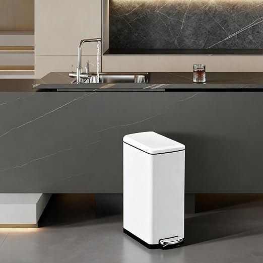 GarveeHome 8 gal Slim Rectangular Stainless Steel Trash Can with Soft Close Lid and Removable Bucket for Kitchen, Bathroom, Office, White
