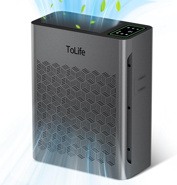 ToLife Air Purifiers for Home Large Room Up to 1295 Ft² with PM 2.8 Display Air Quality Sensor, Auto Mode, Timer, Air Purifier for Bedroom Filters Smoke, Pollen, Pet Dander, Allergies, Grey