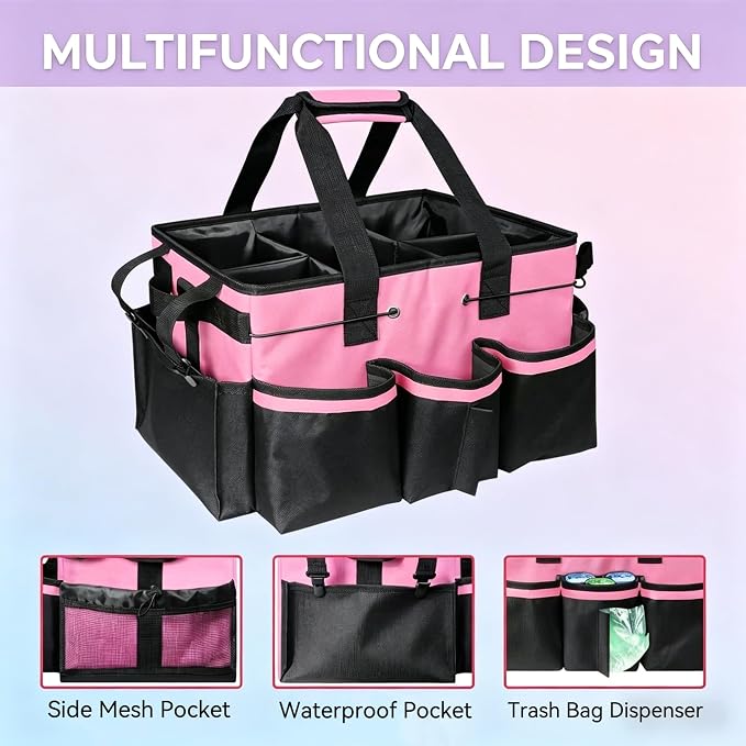 Wearable Cleaning Caddy Organizer with Handle & Adjustable Shoulder Strap 4 Foldable Compartments, Cleaning Supplies Caddy for Housekeepers, Car, Home, Hotel & Outdoor Cleaning Bag（Pink）