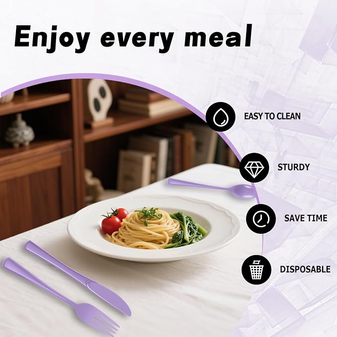 Plastic Silverware 150 PCS Disposable Silverware Heavy Duty Utensil Sets 50 Of Each Forks Knives & Spoons Disposable Cutlery Set For Easter,Birthday,Baby Shower,Garden Party,Wedding(150,Lavender)