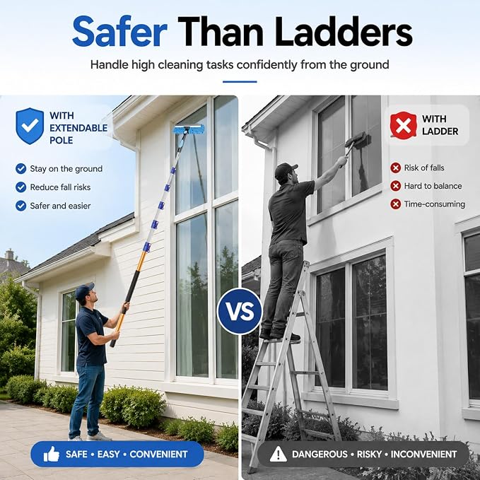 28 FT Exterior House Cleaning Brush Set with 6-21 Foot Telescoping Extension Pole, Soft Scrub Car Wash Brush, Medium Bristle Cleaning Brush and Window Squeegee & Washer