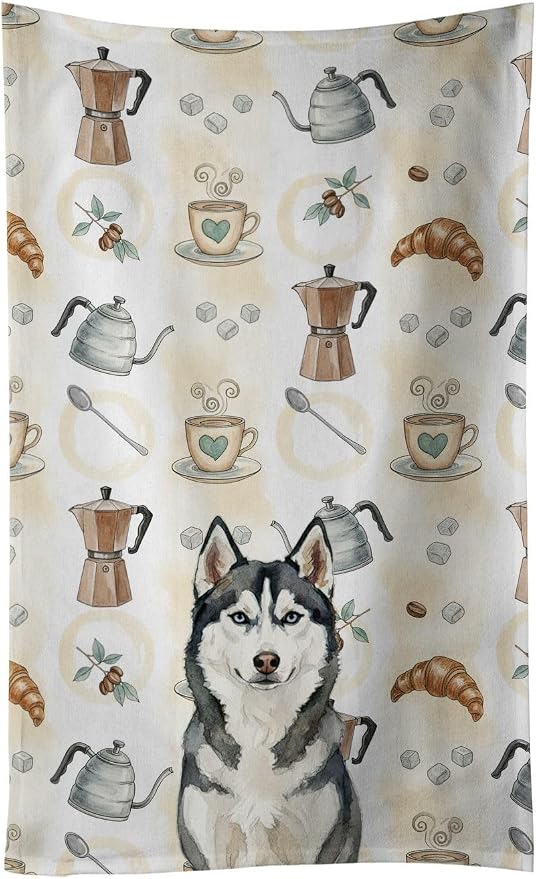 Caroline's Treasures Siberian Husky Coffee Bar Kitchen Towel Velour Plush Front and Cotton Loop Back Machine Washable