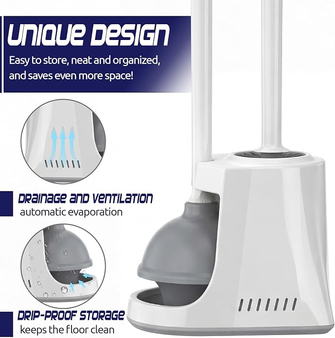 Reallnaive 4 Set Toilet Plunger and Brush Set with Ventilated Holder 2 in 1 Toilet Bowl Brush and Heavy Duty Plunger Combo Bathroom Cleaning Kit for Home and Commercial Bathrooms Drainage(White)