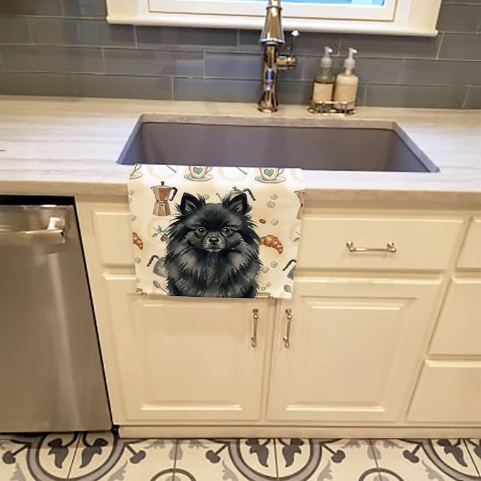 Caroline's Treasures Black Pomeranian Coffee Bar Kitchen Towel Velour Plush Front and Cotton Loop Back Machine Washable