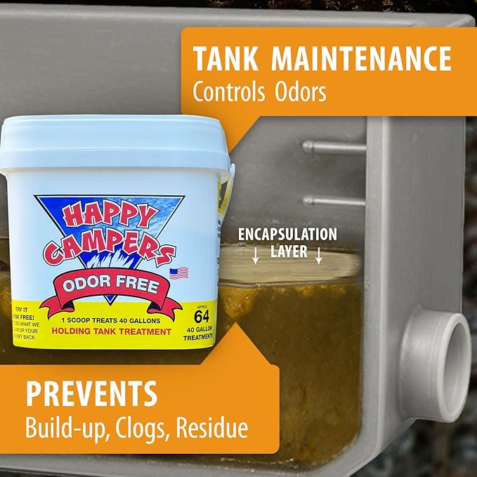 Happy Campers RV Toilet Treatment - Powerful Odor Control, Long-Lasting RV Tank Treatment - Prevents Clogs, Buildup, Sensor Failure - Keeps Holding Tank Clean & Healthy, Odor Free (64 Treatments)