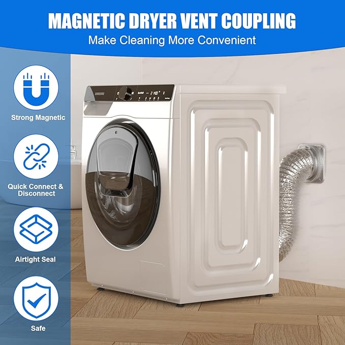Magnetic Dryer Vent Connector Kit, Self-Alignment Magnetic Dryer Vent Coupling Strong Airtight Seal Magnet Dryer Vent Quick Connect Disconnect Easy to Clean 4" Exhaust Vent Hose